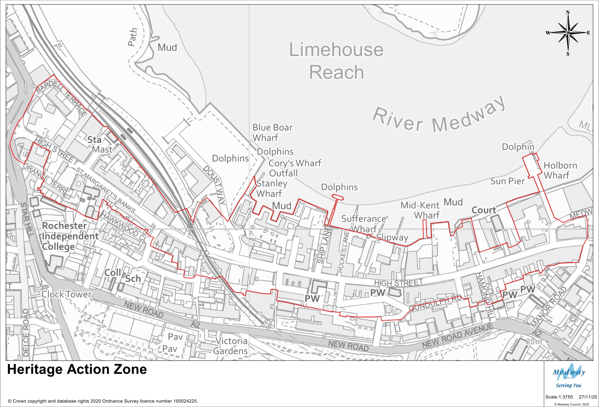 The Heritage Action Zone is the High Street between Chatham (Manor Road) and Rochester (Star Hill). It includes Sun Pier and the wharves on the river side and extends up towards New Road.
